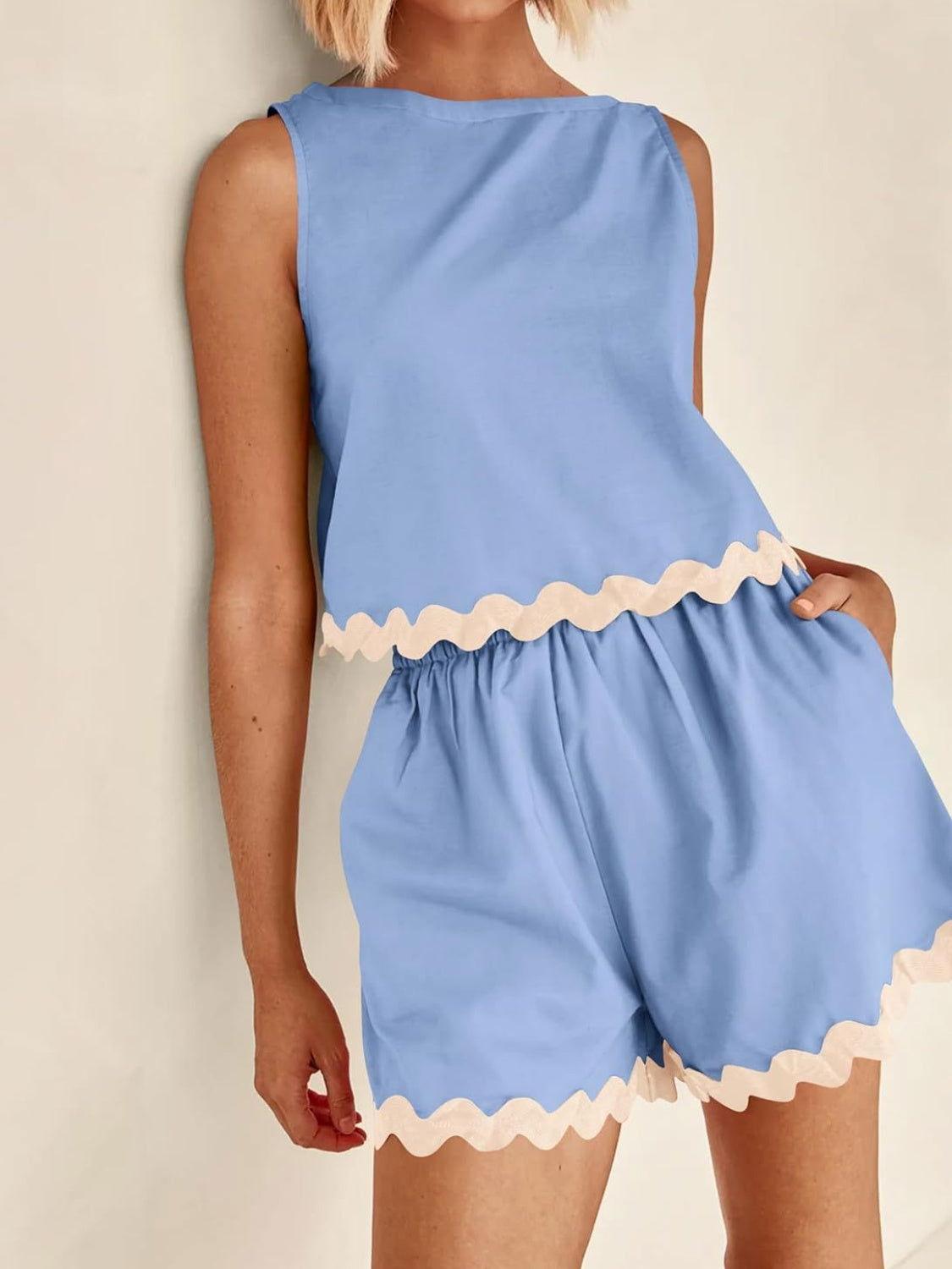 Contrast Trim Sleeveless Top and Shorts Set - Clothes For Her Online Store
