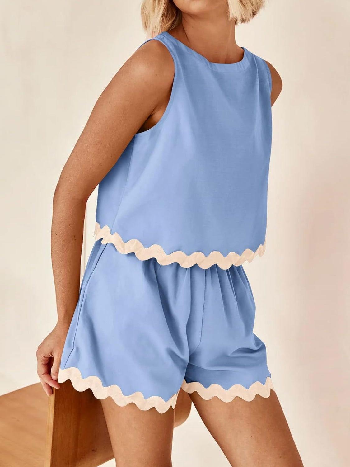 Contrast Trim Sleeveless Top and Shorts Set - Clothes For Her Online Store