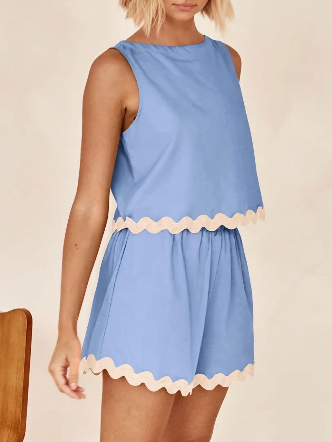 Contrast Trim Sleeveless Top and Shorts Set - Clothes For Her Online Store