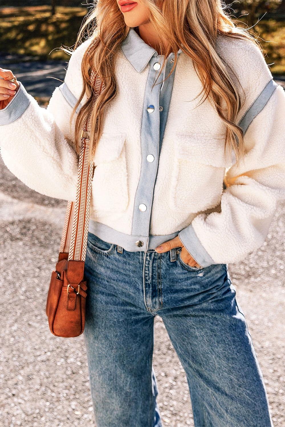 Contrast Trim Snap Down Jacket - Clothes For Her Online Store