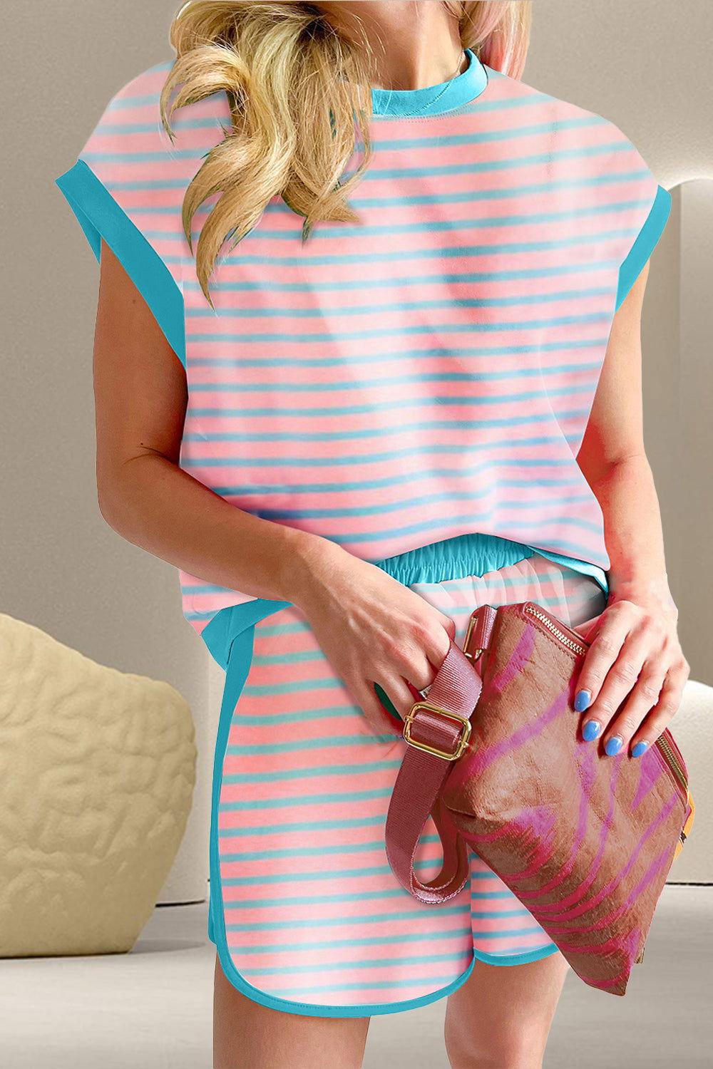 Contrast Trim Striped Round Neck Top and Shorts Set - Clothes For Her Online Store