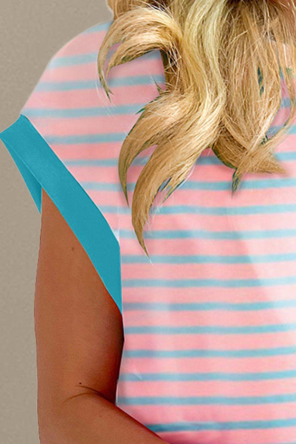 Contrast Trim Striped Round Neck Top and Shorts Set - Clothes For Her Online Store