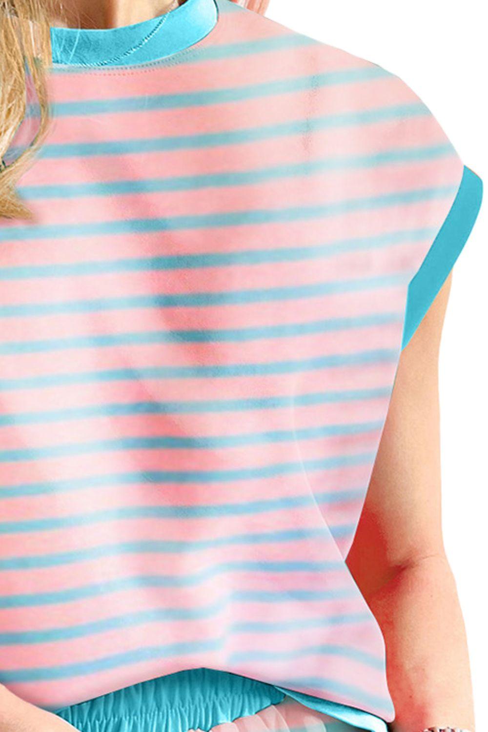 Contrast Trim Striped Round Neck Top and Shorts Set - Clothes For Her Online Store