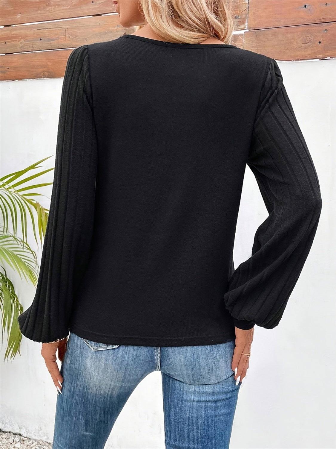 Contrast V-Neck Long Sleeve T-Shirt - Clothes For Her Online Store