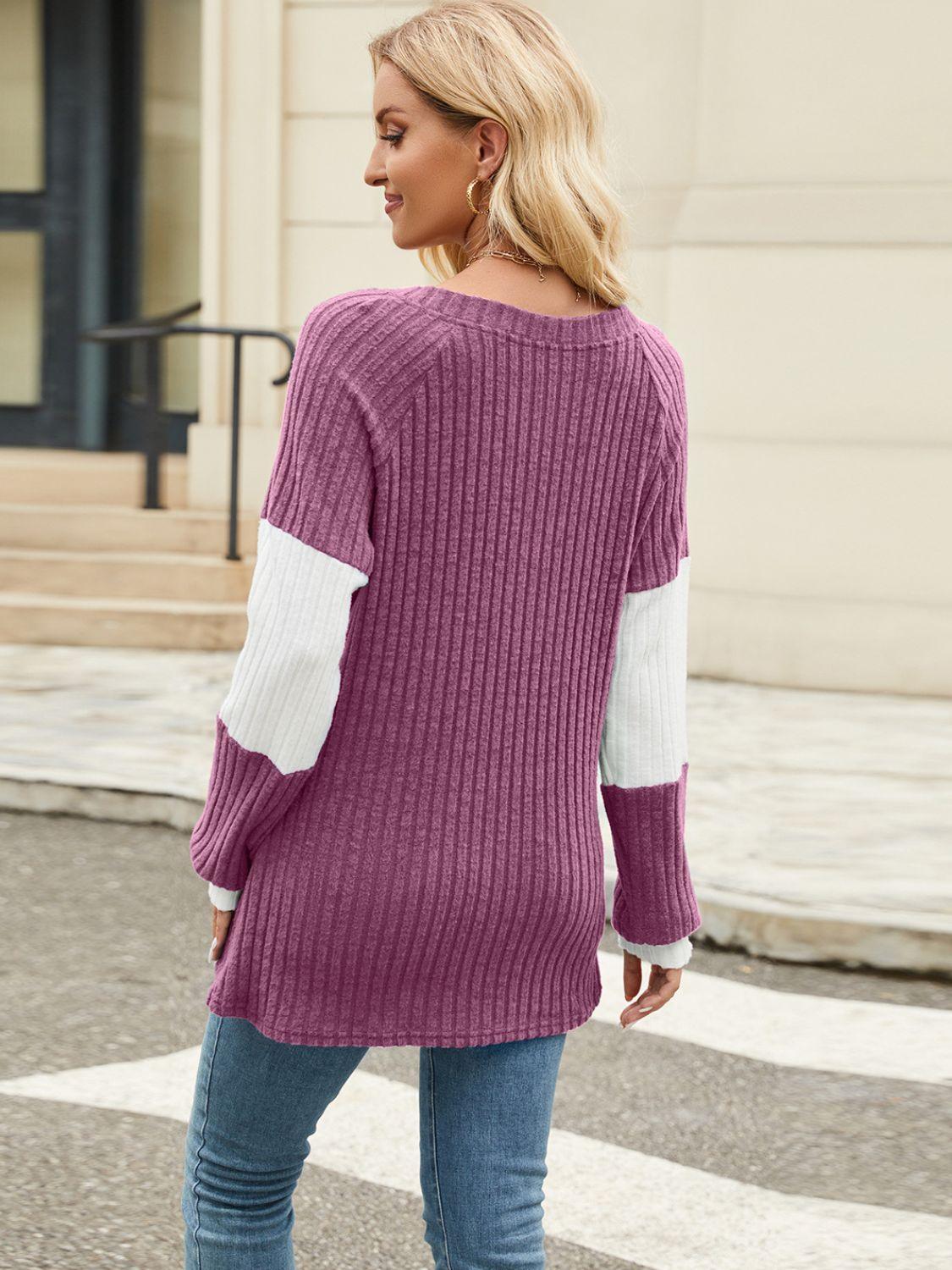 Contrast V-Neck Long Sleeve T-Shirt - Clothes For Her Online Store