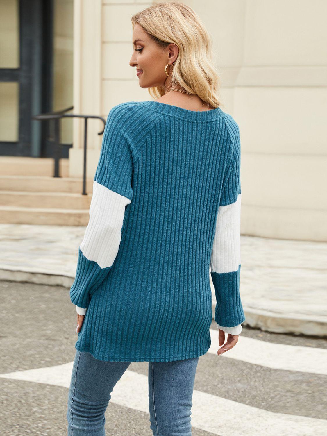 Contrast V-Neck Long Sleeve T-Shirt - Clothes For Her Online Store
