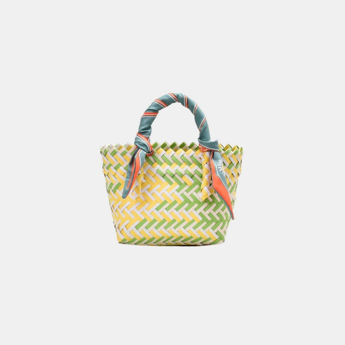 Contrast Woven Handbag with Ribbon - Clothes For Her Online Store