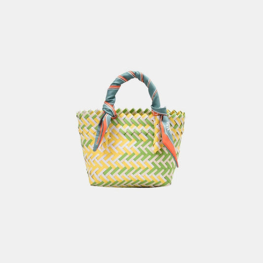 Contrast Woven Handbag with Ribbon - Clothes For Her Online Store