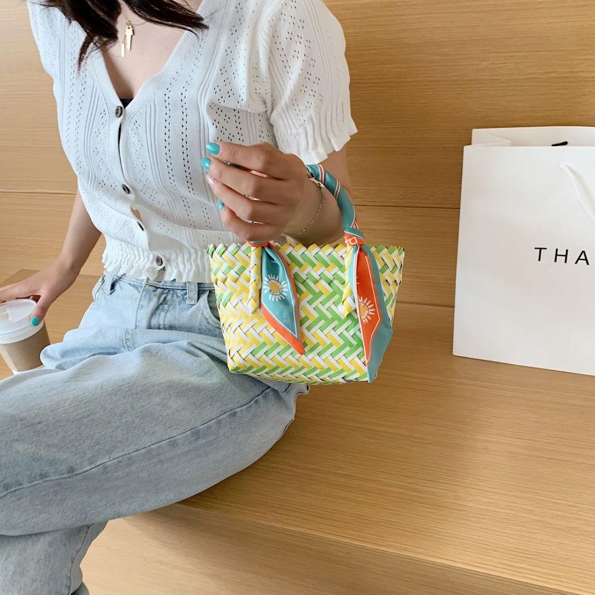 Contrast Woven Handbag with Ribbon - Clothes For Her Online Store
