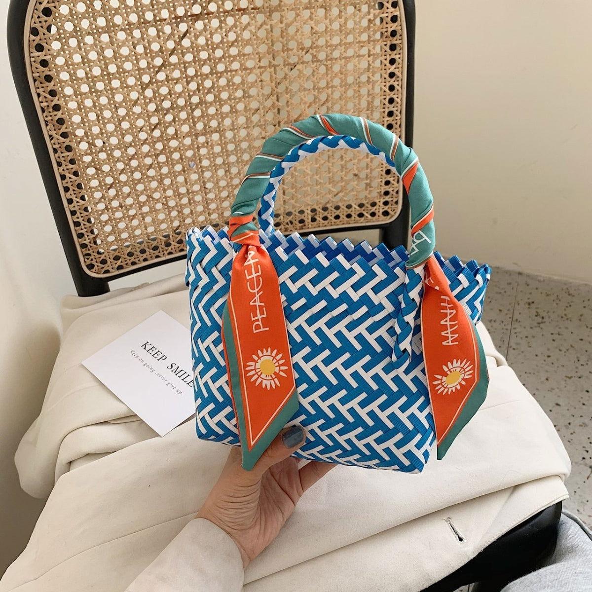 Contrast Woven Handbag with Ribbon - Clothes For Her Online Store