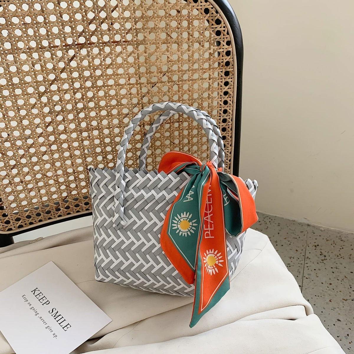 Contrast Woven Handbag with Ribbon - Clothes For Her Online Store