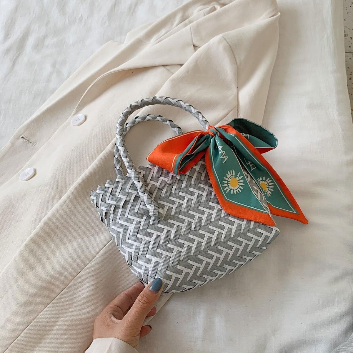 Contrast Woven Handbag with Ribbon - Clothes For Her Online Store