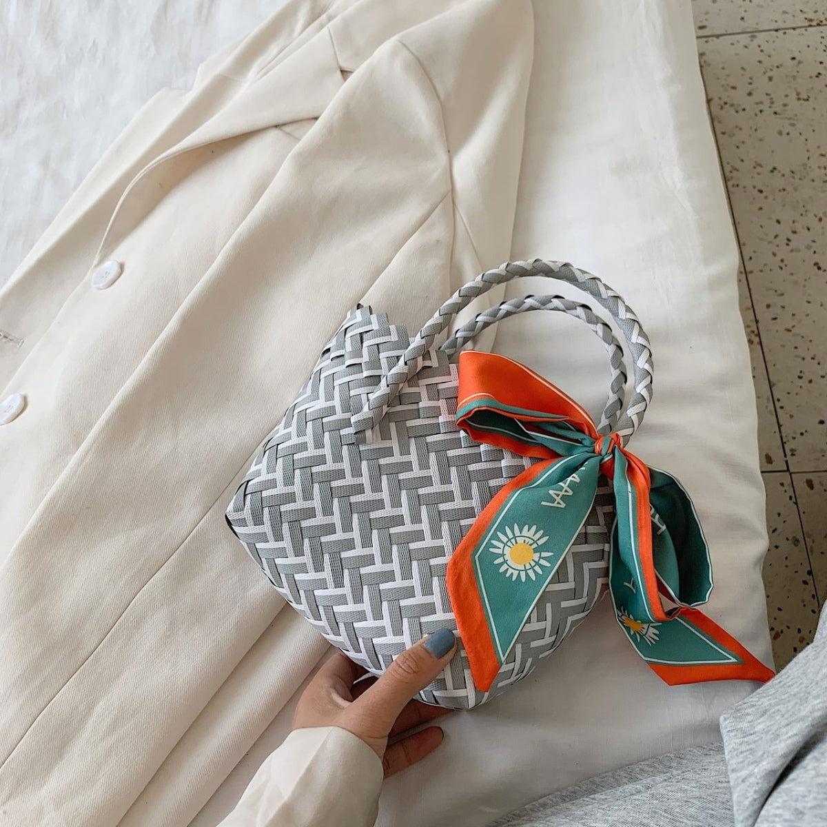 Contrast Woven Handbag with Ribbon - Clothes For Her Online Store