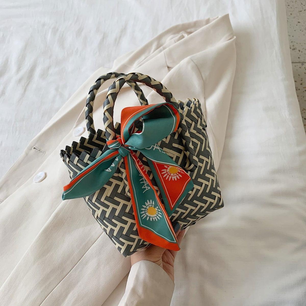 Contrast Woven Handbag with Ribbon - Clothes For Her Online Store