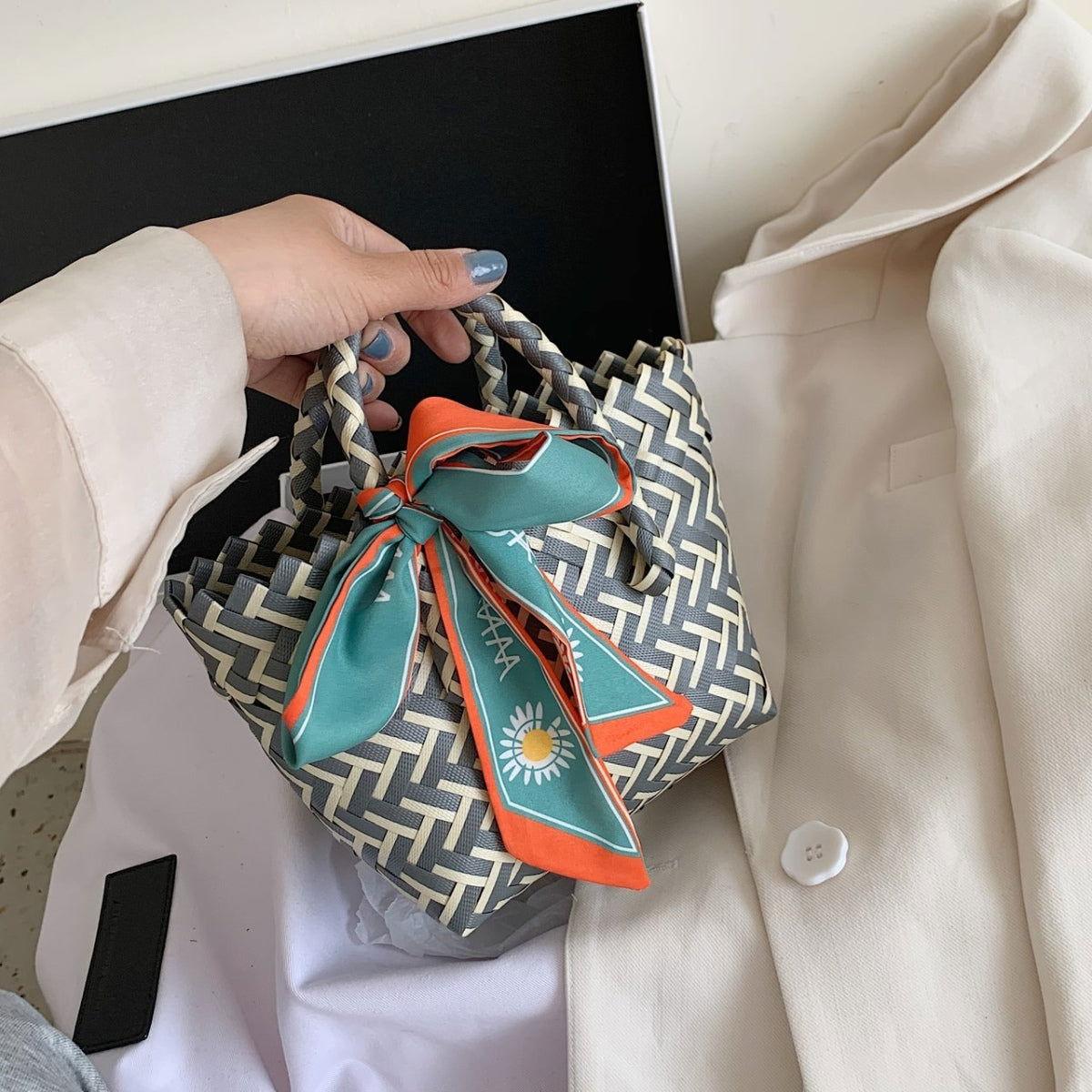 Contrast Woven Handbag with Ribbon - Clothes For Her Online Store