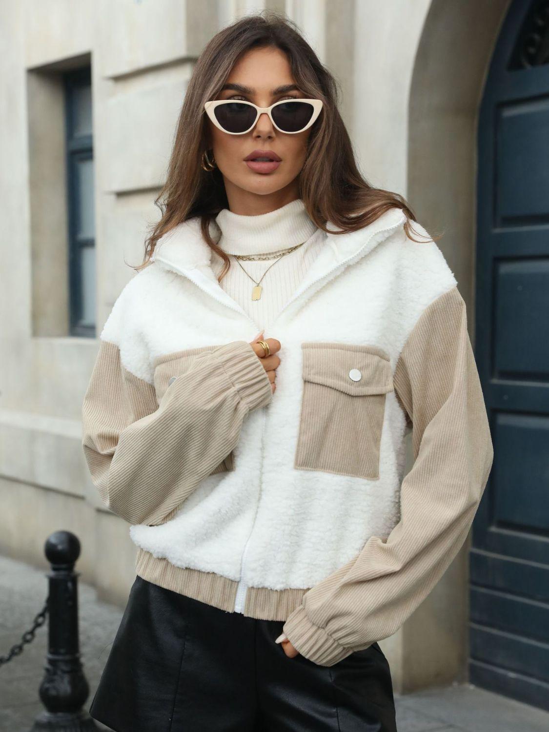 Contrast Zip Up Long Sleeve Jacket - Clothes For Her Online Store