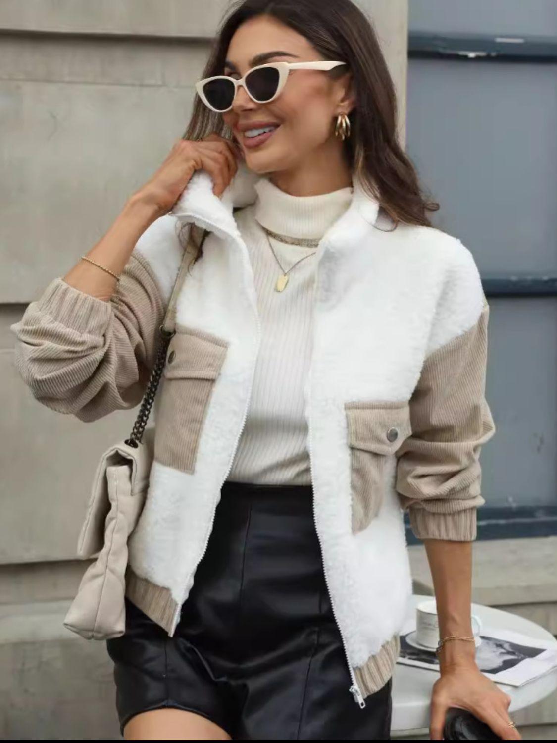 Contrast Zip Up Long Sleeve Jacket - Clothes For Her Online Store