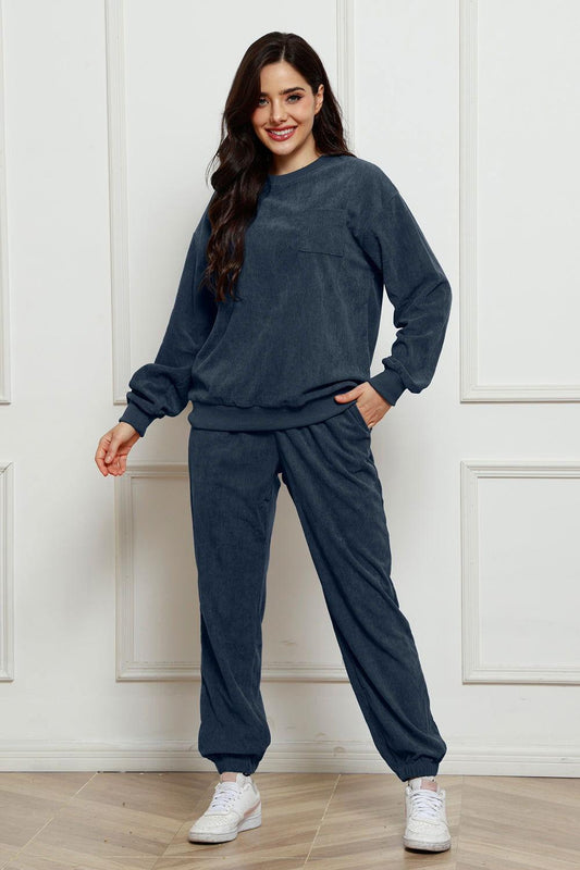 Corduroy Round Neck Sweatshirt and Sweatpants Set - Clothes For Her Online Store
