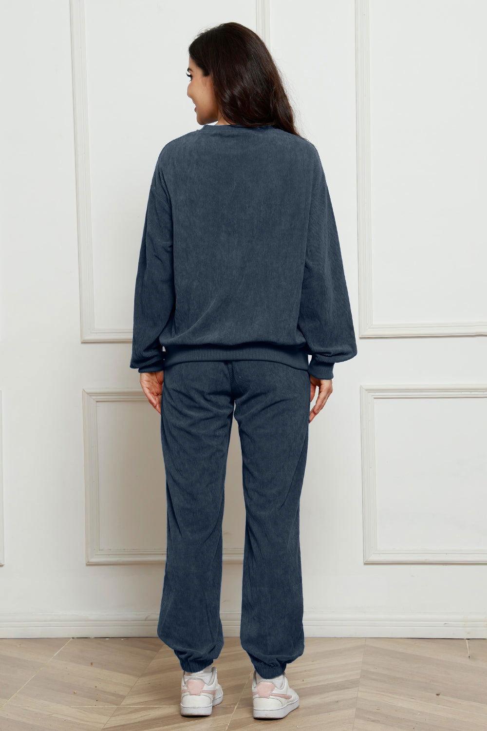 Corduroy Round Neck Sweatshirt and Sweatpants Set - Clothes For Her Online Store