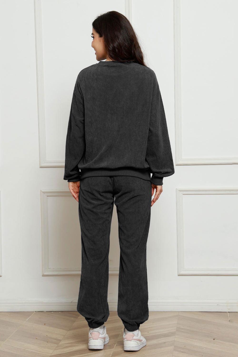 Corduroy Round Neck Sweatshirt and Sweatpants Set - Clothes For Her Online Store