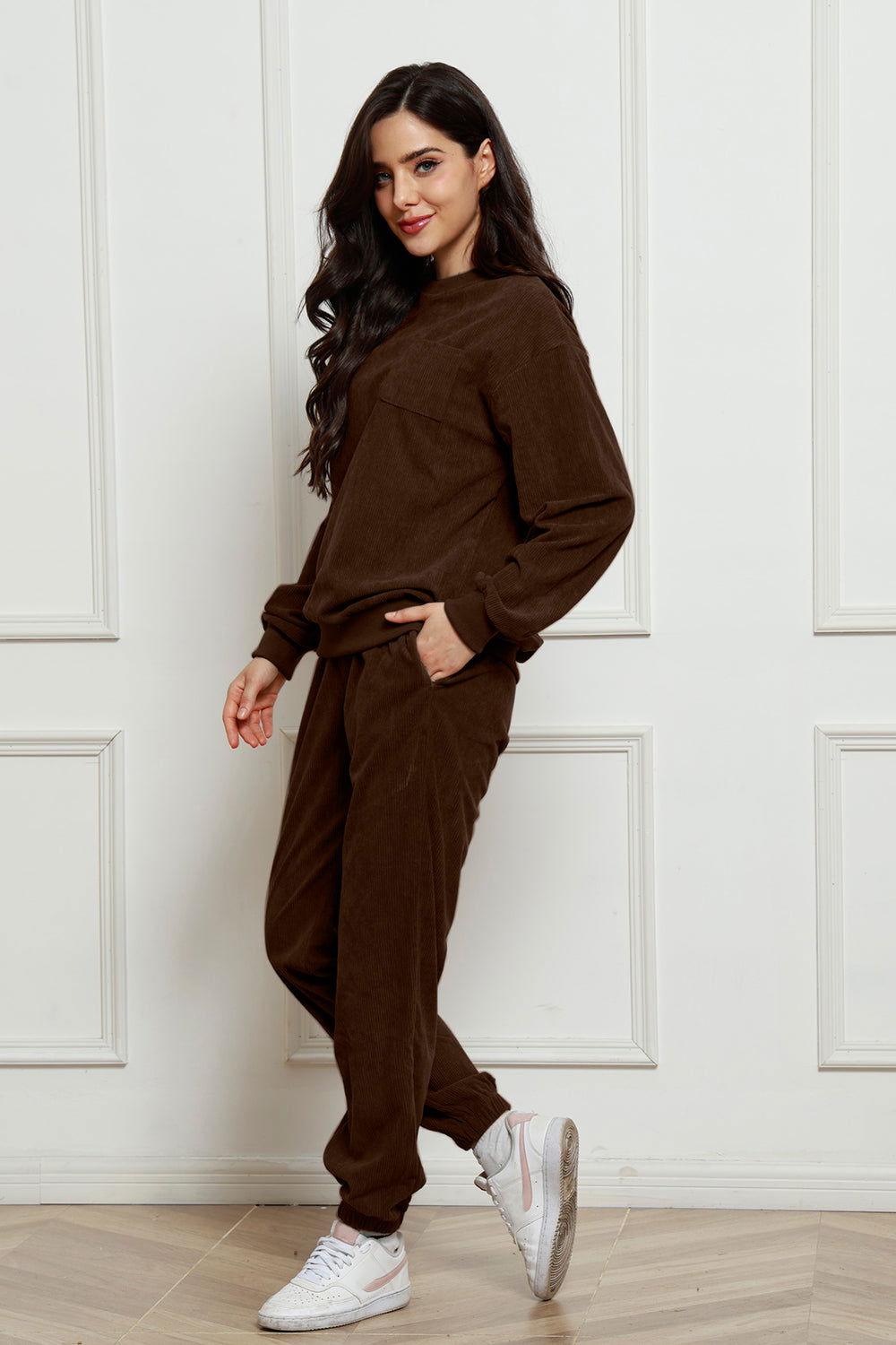 Corduroy Round Neck Sweatshirt and Sweatpants Set - Clothes For Her Online Store