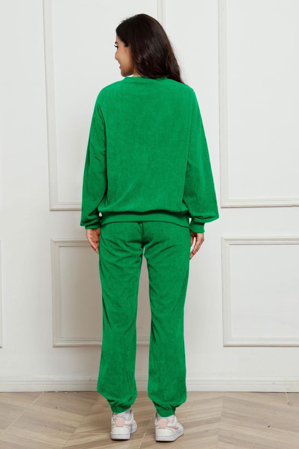 Corduroy Round Neck Sweatshirt and Sweatpants Set - Clothes For Her Online Store