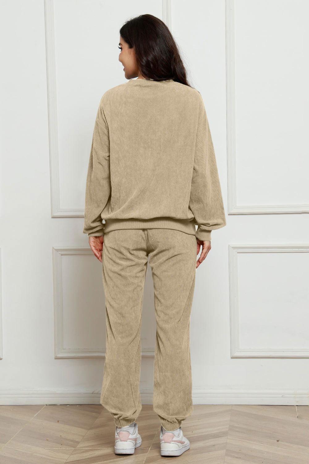 Corduroy Round Neck Sweatshirt and Sweatpants Set - Clothes For Her Online Store