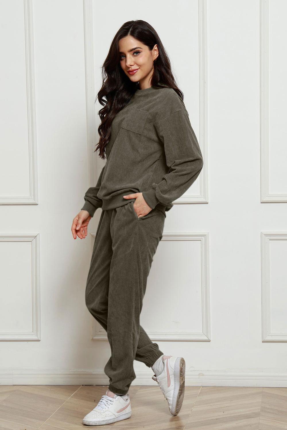 Corduroy Round Neck Sweatshirt and Sweatpants Set - Clothes For Her Online Store