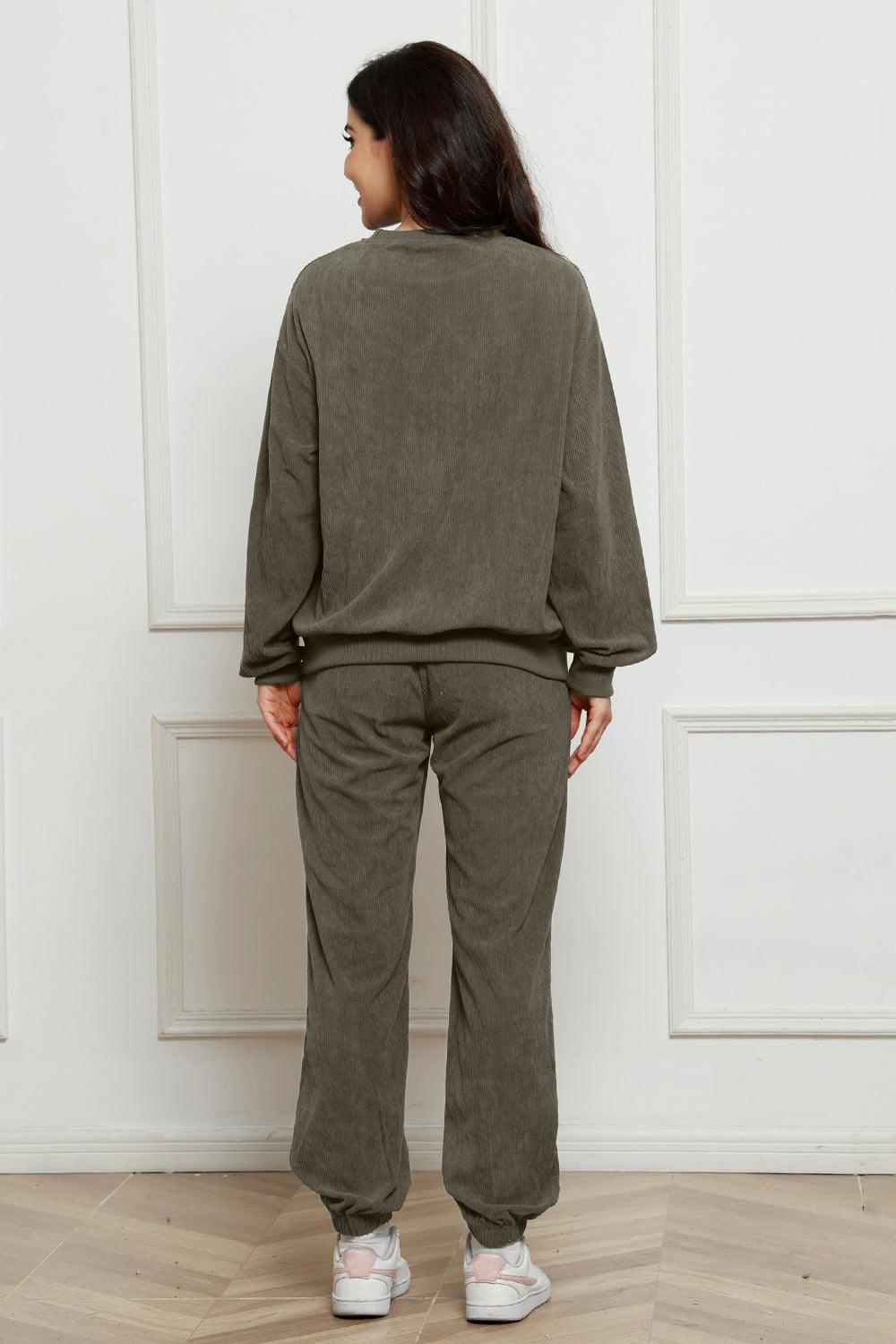 Corduroy Round Neck Sweatshirt and Sweatpants Set - Clothes For Her Online Store