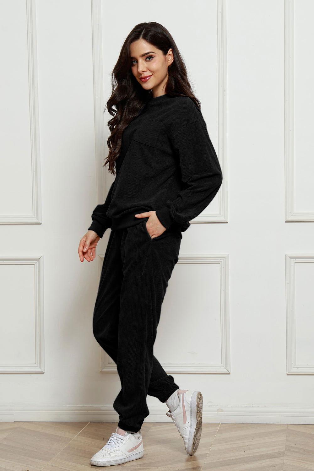 Corduroy Round Neck Sweatshirt and Sweatpants Set - Clothes For Her Online Store