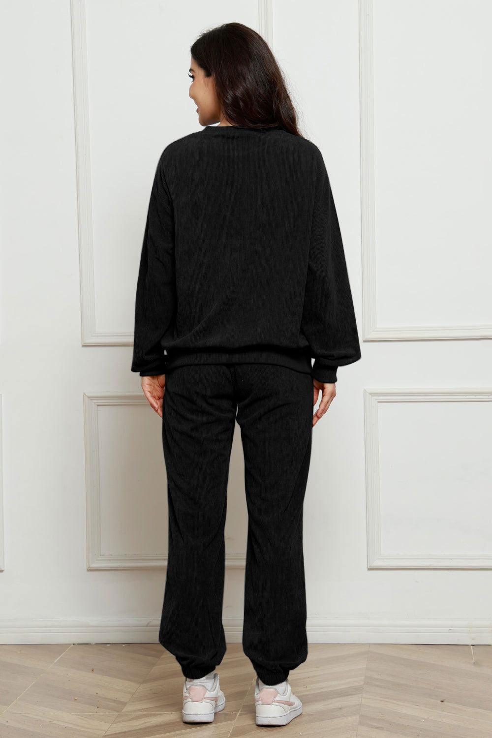 Corduroy Round Neck Sweatshirt and Sweatpants Set - Clothes For Her Online Store