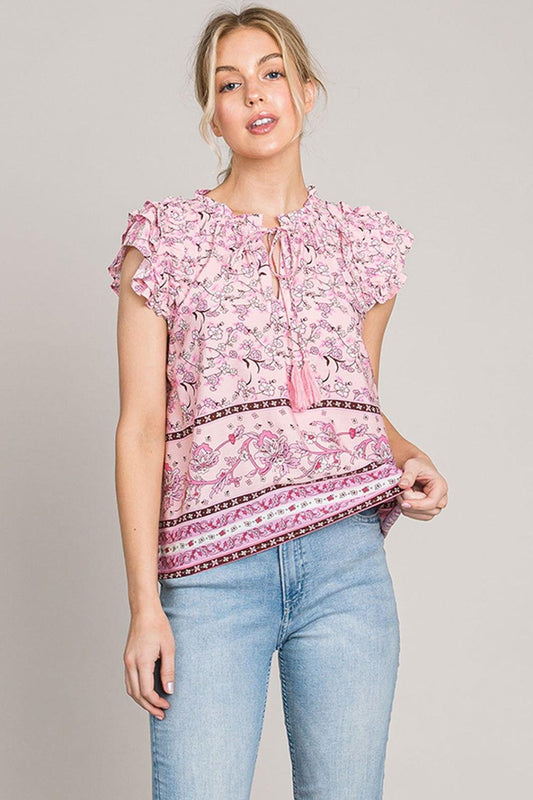 Cotton Bleu by Nu Lab Print Ruffle Sleeve Detail Blouse - Clothes For Her Online Store
