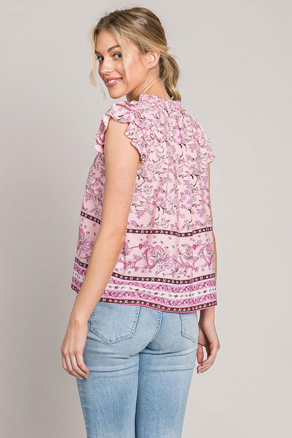 Cotton Bleu by Nu Lab Print Ruffle Sleeve Detail Blouse - Clothes For Her Online Store