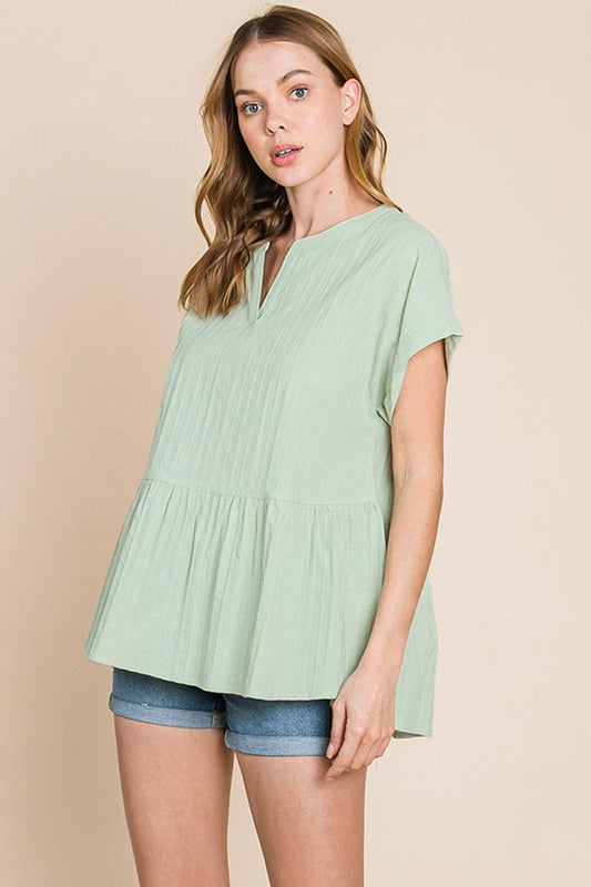 Cotton Bleu by Nu Lab Ruched Notched Short Sleeve Blouse - Clothes For Her Online Store