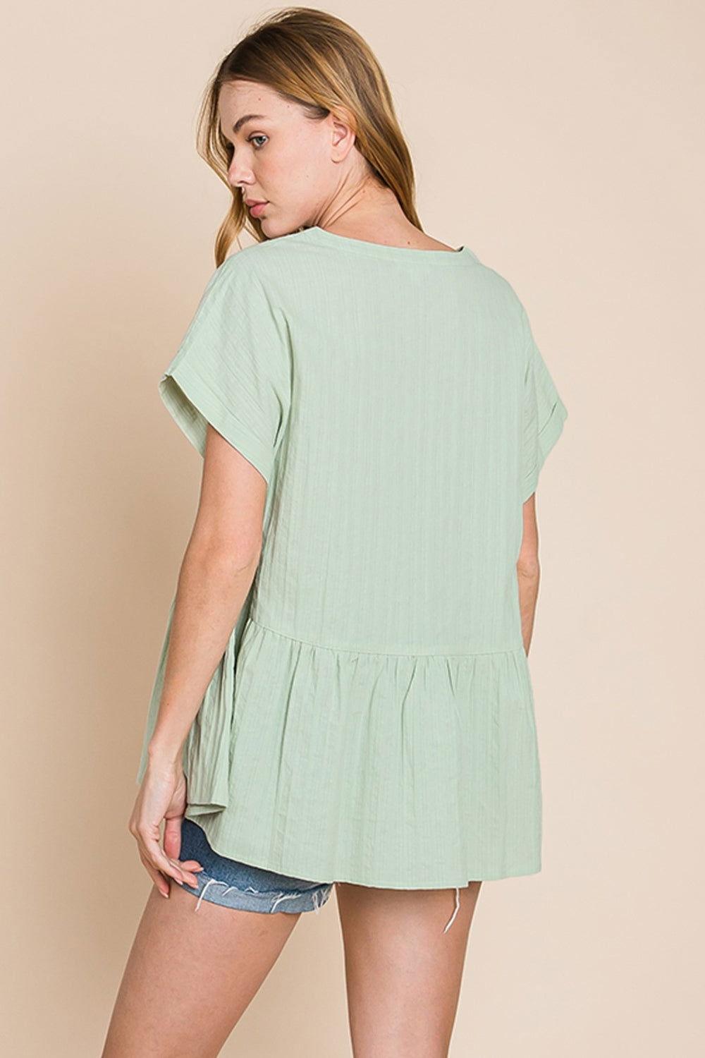 Cotton Bleu by Nu Lab Ruched Notched Short Sleeve Blouse - Clothes For Her Online Store