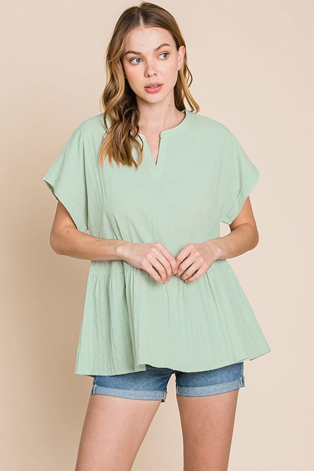 Cotton Bleu by Nu Lab Ruched Notched Short Sleeve Blouse - Clothes For Her Online Store