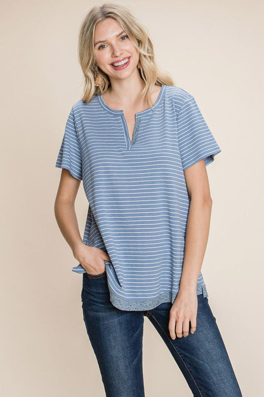 Cotton Bleu by Nu Lab Slit Striped Notched Short Sleeve T-Shirt - Clothes For Her Online Store