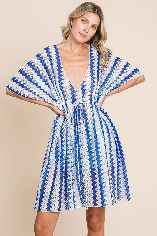 Cotton Bleu by Nu Lab Tied Striped Plunge Half Sleeve Cover-Up - Clothes For Her Online Store