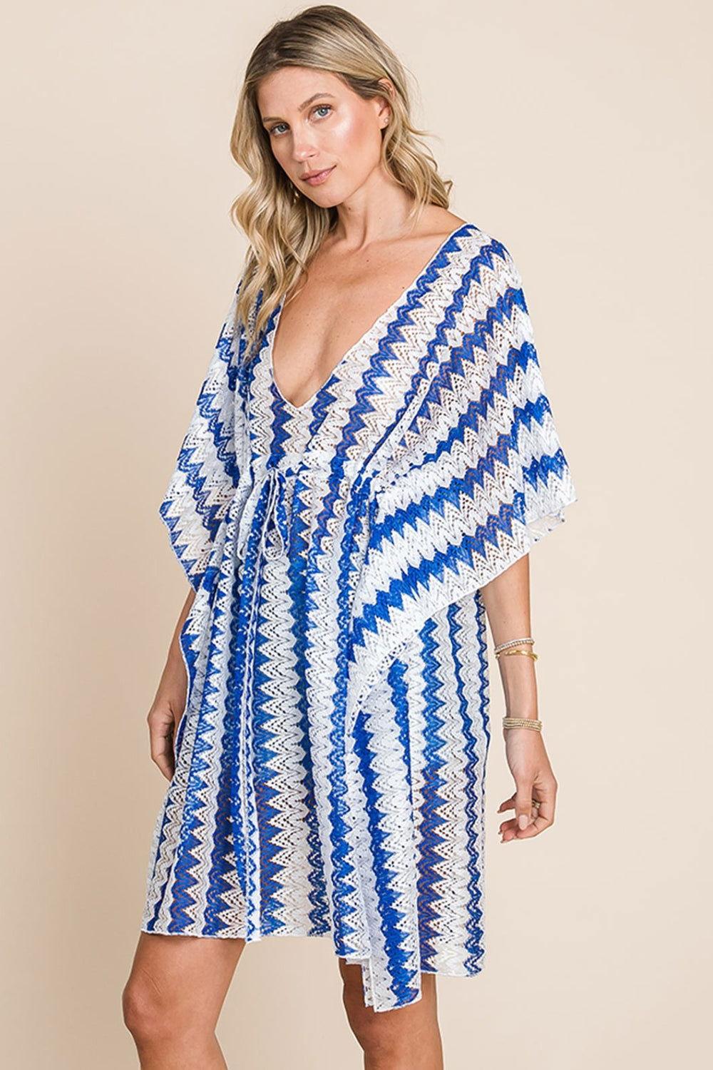 Cotton Bleu by Nu Lab Tied Striped Plunge Half Sleeve Cover-Up - Clothes For Her Online Store