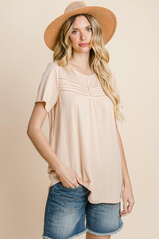 Cotton Bleu by Nu Label Eyelet Round Neck Short Sleeve T-Shirt - Clothes For Her Online Store