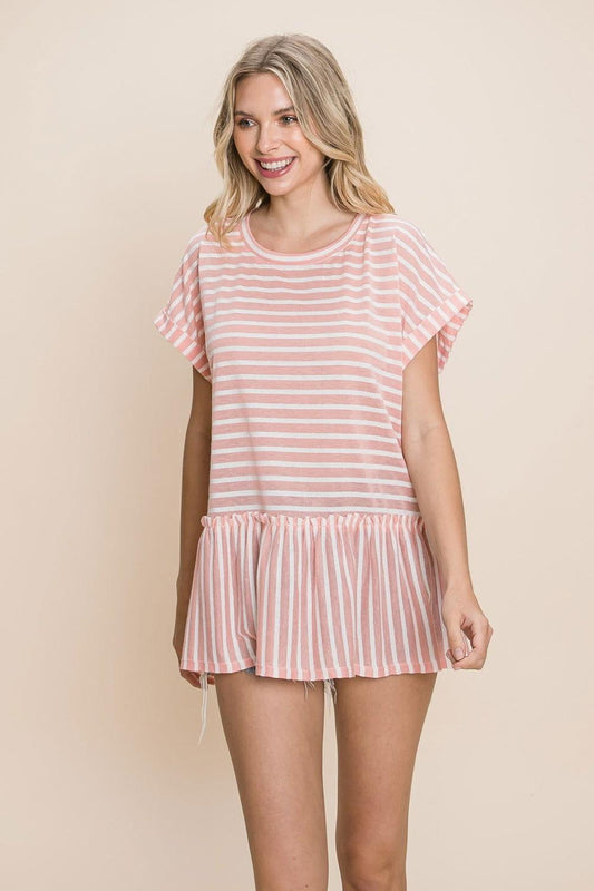 Cotton Bleu by Nu Label Striped Ruffled Short Sleeve Top - Clothes For Her Online Store