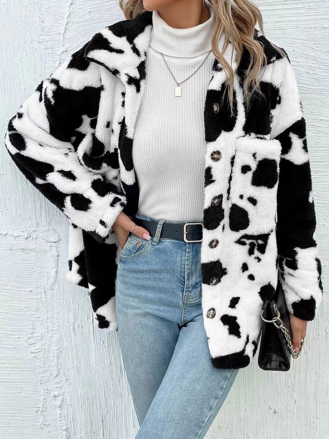 Cow Print Collared Neck Button Up Fuzzy Jacket - Clothes For Her Online Store