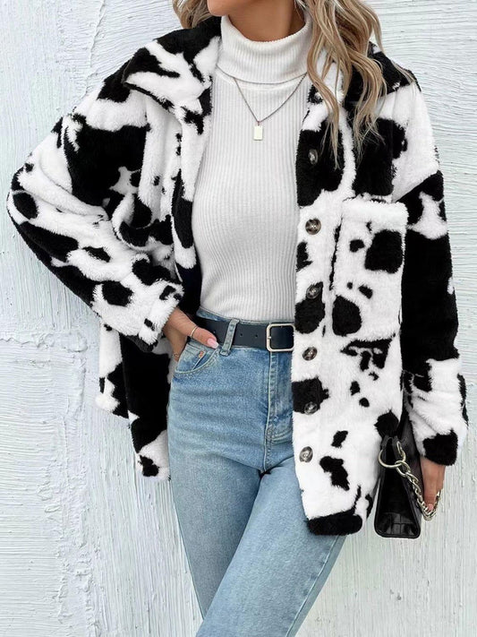 Cow Print Collared Neck Button Up Fuzzy Jacket - Clothes For Her Online Store