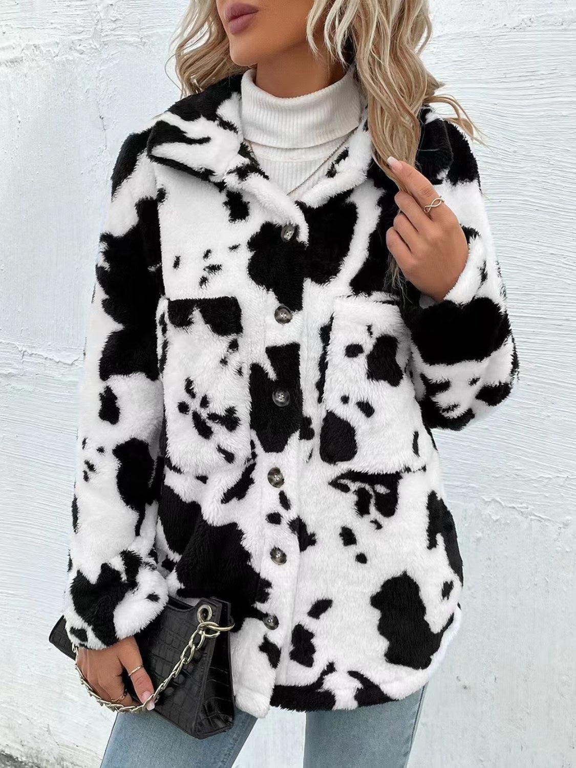 Cow Print Collared Neck Button Up Fuzzy Jacket - Clothes For Her Online Store