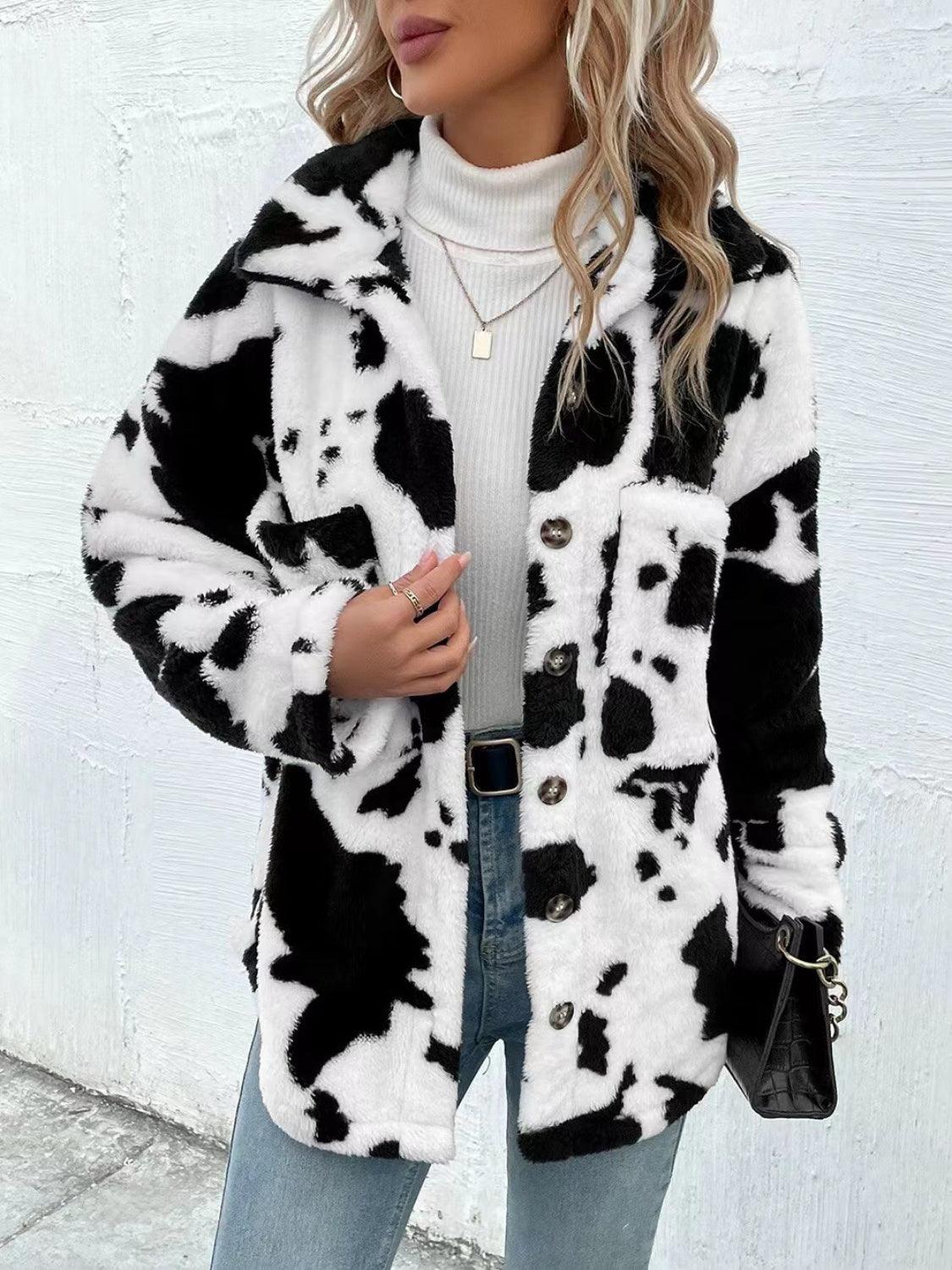 Cow Print Collared Neck Button Up Fuzzy Jacket - Clothes For Her Online Store