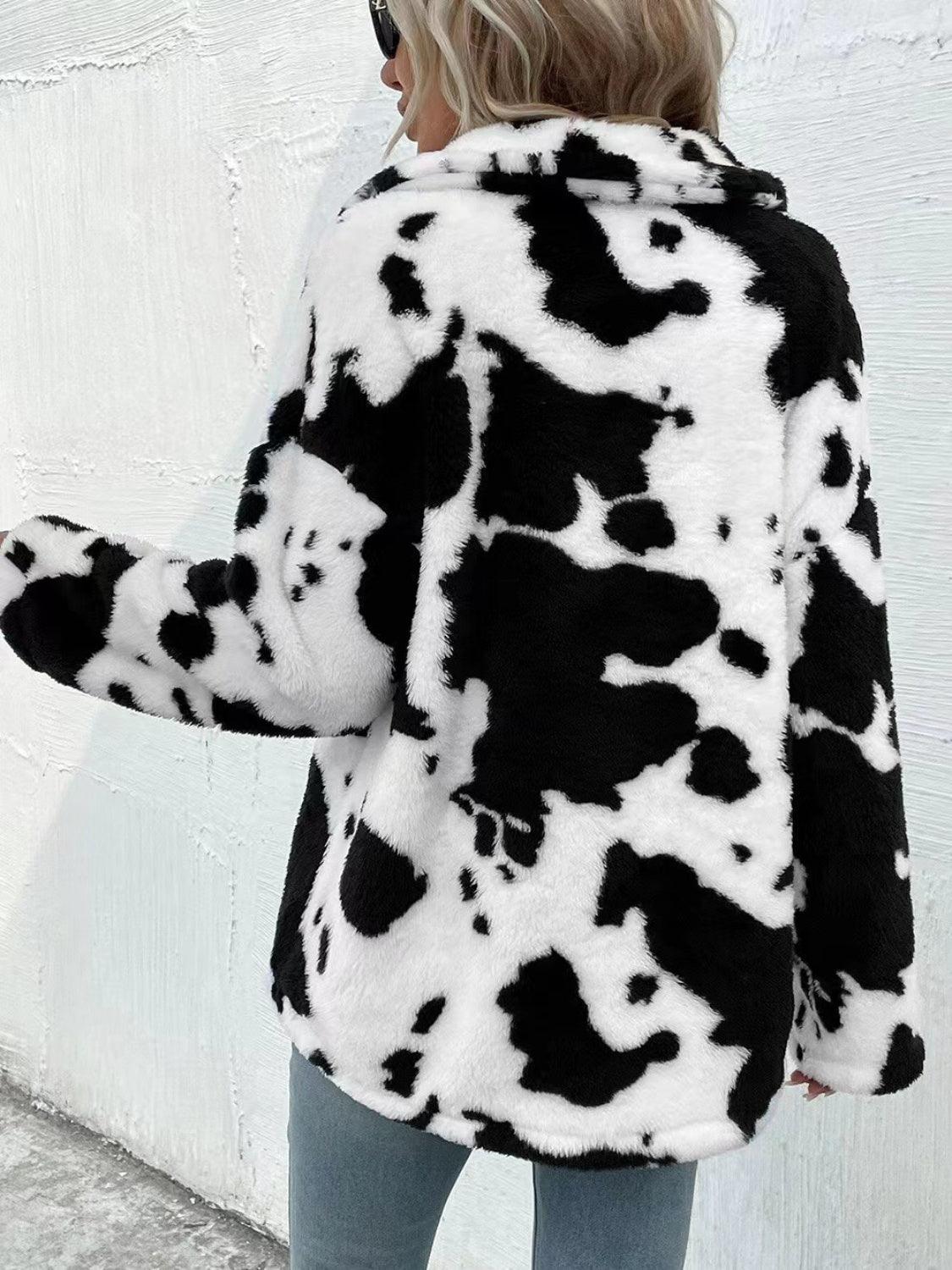 Cow Print Collared Neck Button Up Fuzzy Jacket - Clothes For Her Online Store