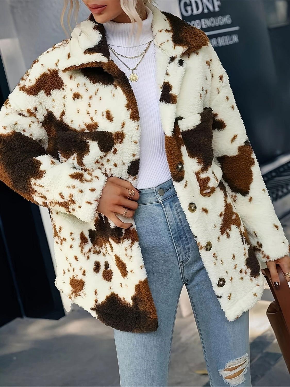 Cow Print Collared Neck Button Up Fuzzy Jacket - Clothes For Her Online Store