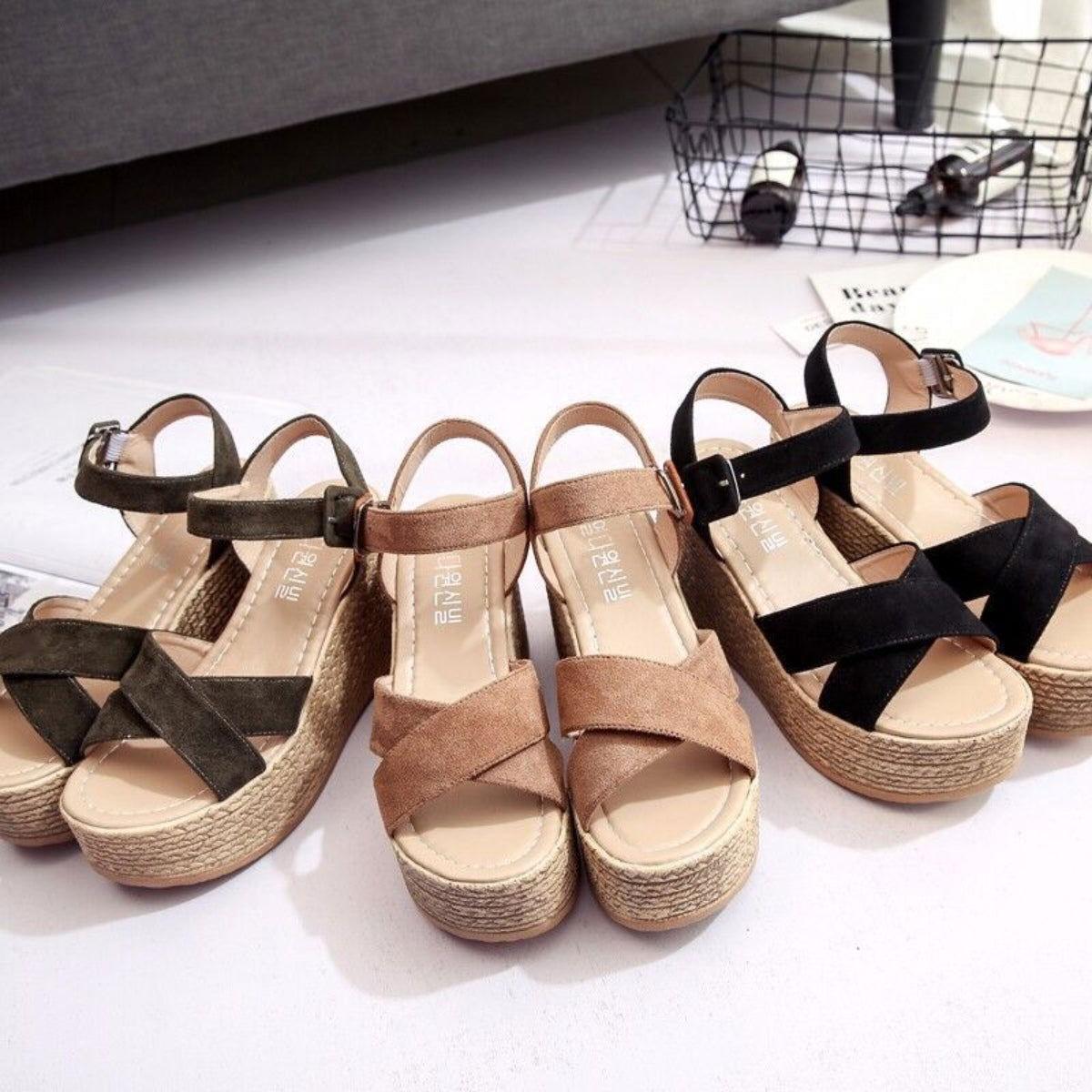 Crisscross Open Toe Wedge Sandals - Clothes For Her Online Store