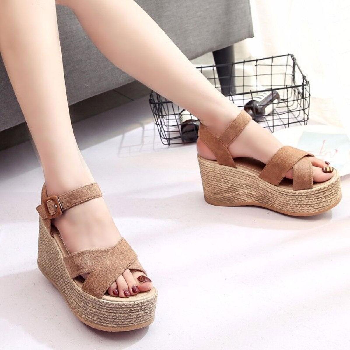 Crisscross Open Toe Wedge Sandals - Clothes For Her Online Store