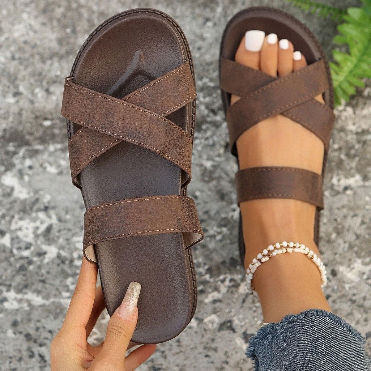 Crisscross PU Leather Flat Sandals - Clothes For Her Online Store